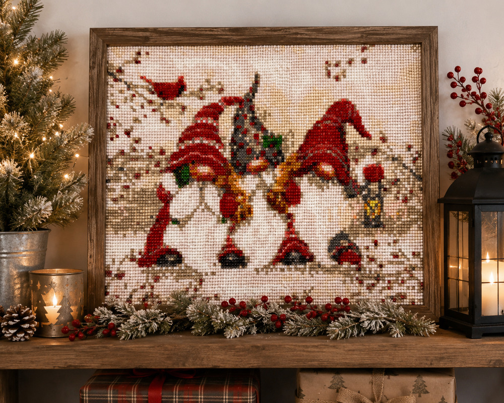 Completed Christmas Gnomes Diamond Painting Art Handmade Beaded Holiday Décor